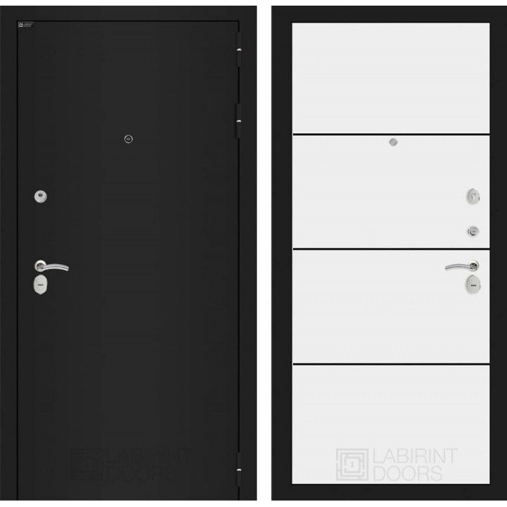 Входная дверь Лабиринт CLASSIC шагрень черная 25 - Белый софт, черный молдинг