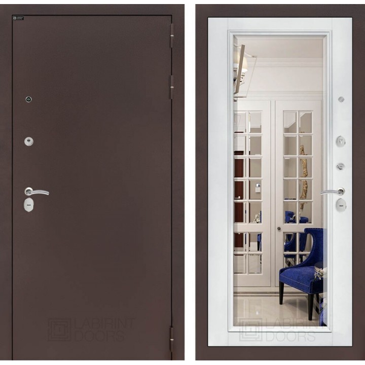 Входная дверь Лабиринт CLASSIC антик медный с Зеркалом Фацет - Белый софт